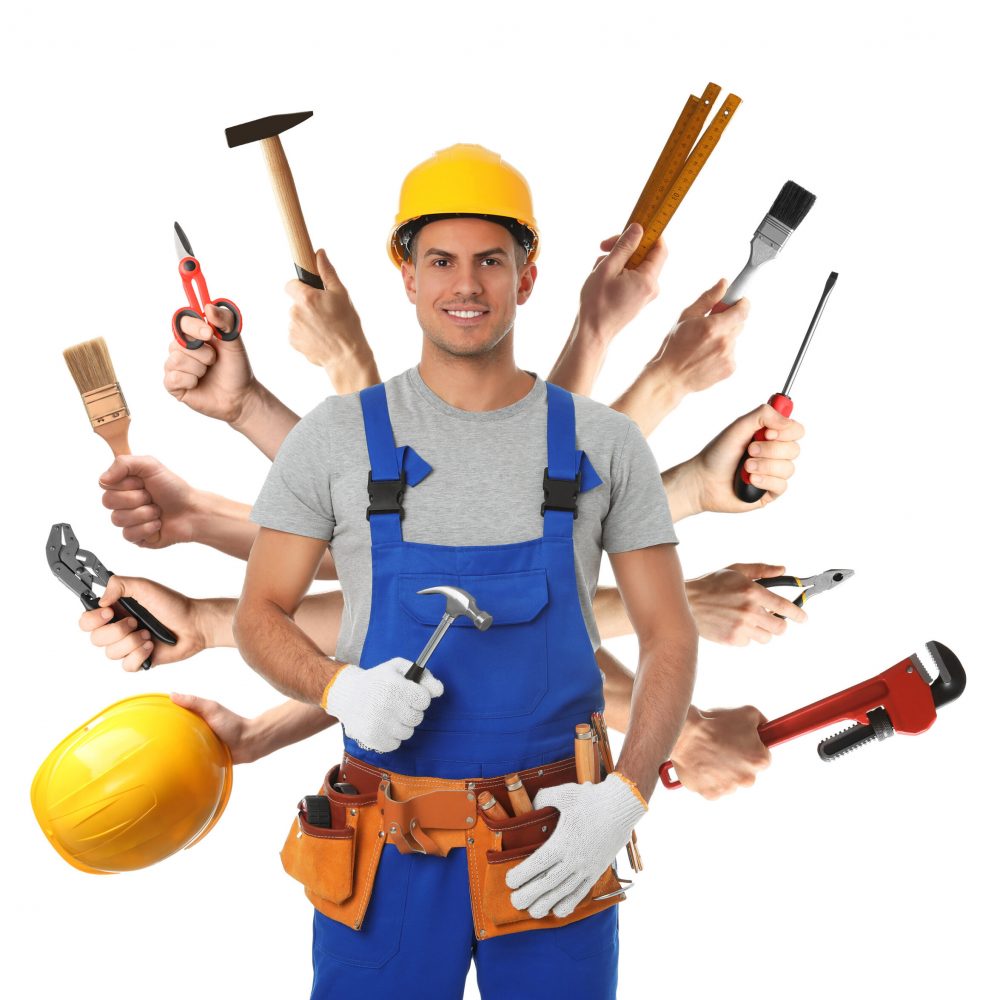 Multitasking concept. Handyman with different tools on white background